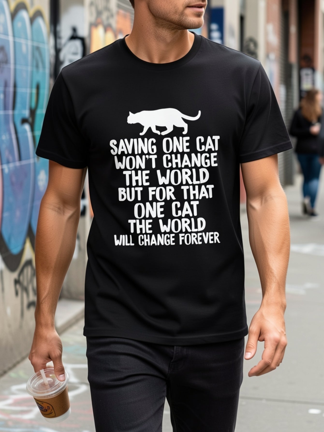 Saving One Cat Won‘t Change The World But For That One Cat Graphic Tee for Men Women, Inspirational Animal Rescue Short Sleeve T-Shirt, Casual Crew Neck Top for Cat Lover Gift