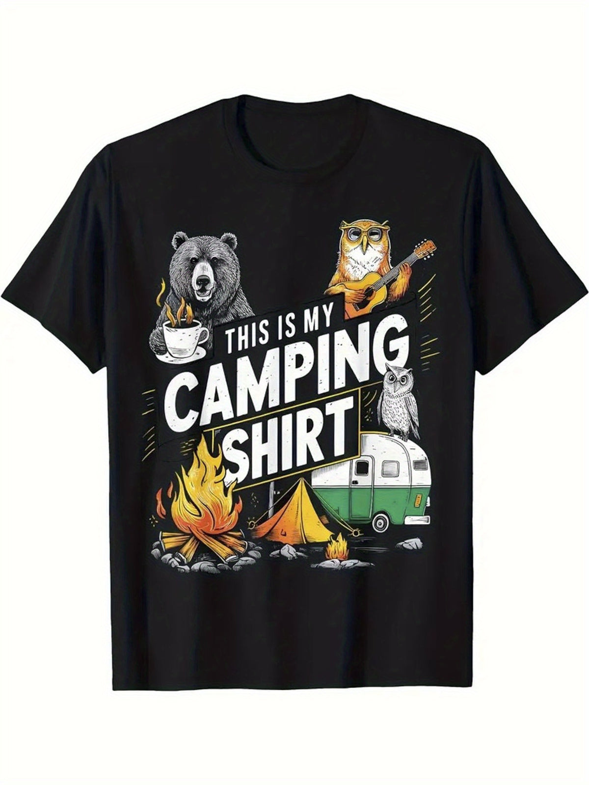 This Is My Camping Shirt Funny Outdoor Bear Campfire Graphic Tee for Men Women, RV Camper Short Sleeve T-Shirt, Casual Crew Neck Top for Camper Gift