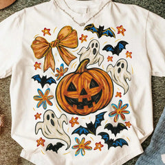 Coquette Bow Pumpkin Graphic Tee Vintage Halloween Ghost Bat Pattern Preppy Aesthetic Top
