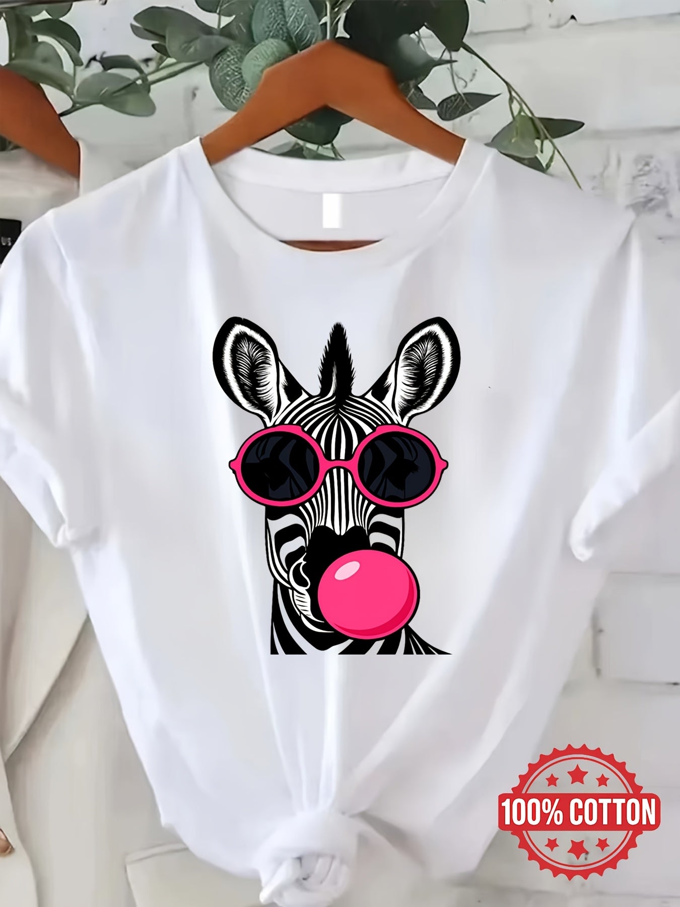 Women's Zebra Wearing Pink Fashion Glasses Blowing Bubble Gum Printed Graphic T-shirt Women Funny Tee