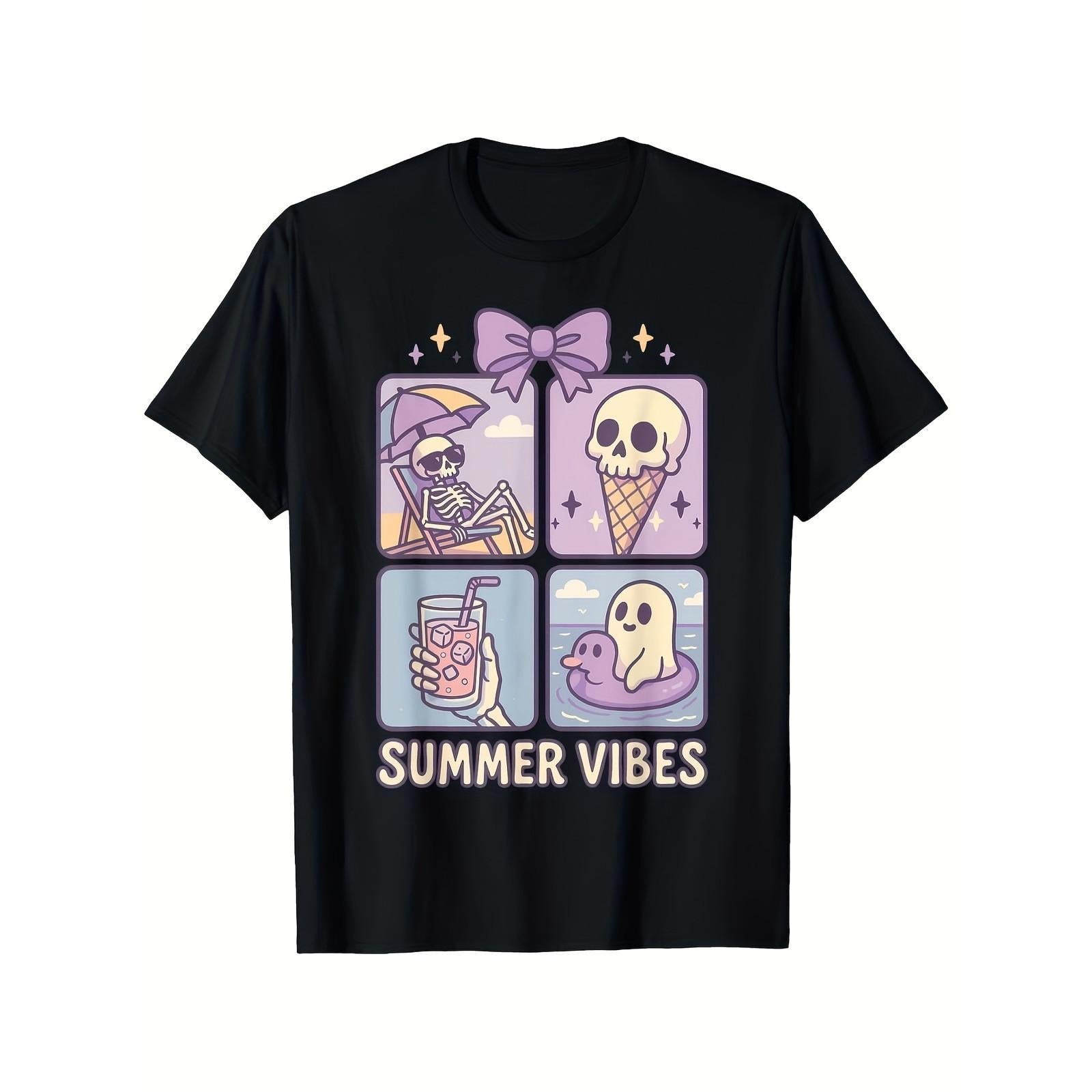Summerween Retro 80s Gothic Skeleton Beach Party Ice Cream Cute Graphic T-Shirt Spooky Summer Vibes Vacation Gift Unisex Casual Top Soft Cotton Crew Neck