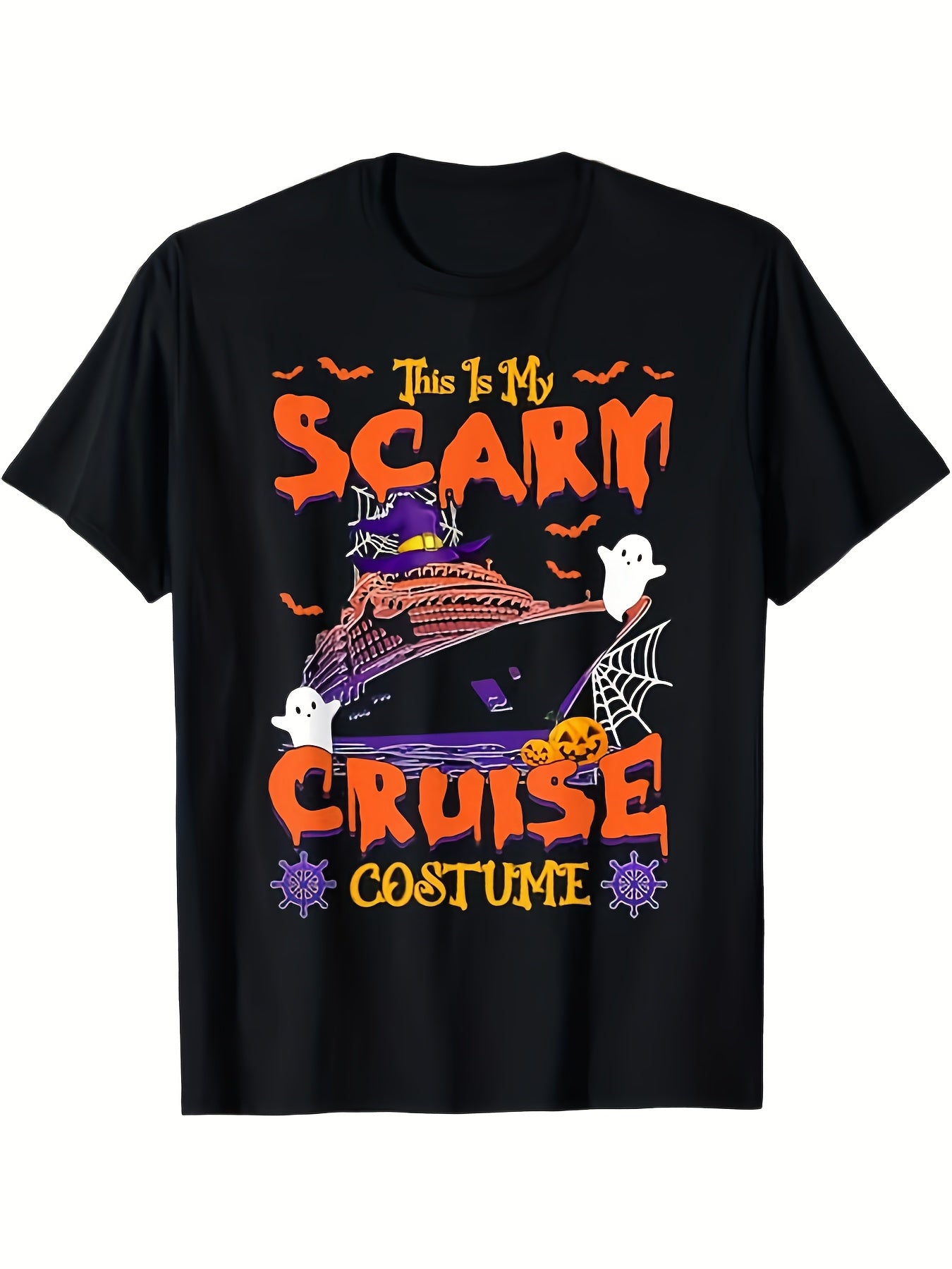 This Is My Scare Cruise Costume Funny Halloween Graphic Tee for Men Women, Ship Ghost Bat Short Sleeve T-Shirt, Casual Crew Neck Top for Cruise Lover Gift