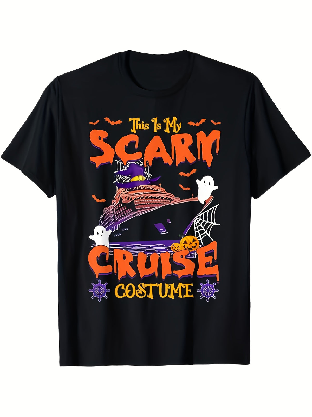 This Is My Scare Cruise Costume Funny Halloween Graphic Tee for Men Women, Ship Ghost Bat Short Sleeve T-Shirt, Casual Crew Neck Top for Cruise Lover Gift
