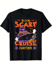 This Is My Scare Cruise Costume Funny Halloween Graphic Tee for Men Women, Ship Ghost Bat Short Sleeve T-Shirt, Casual Crew Neck Top for Cruise Lover Gift