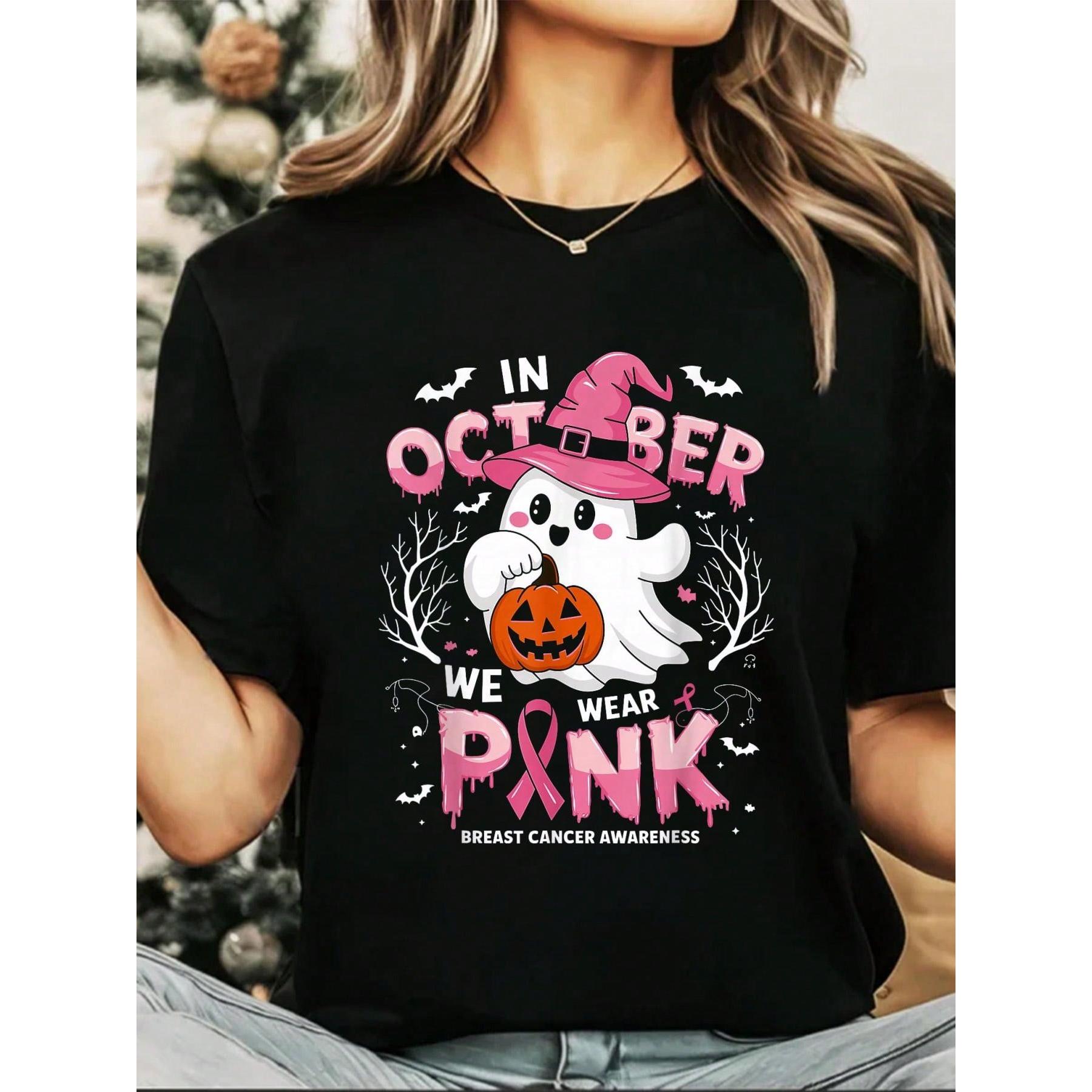 In October We Wear Pink Shirt Ghost Breast Cancer Awareness Men Women T-Shirt Graphic Tee All Season Casual Wear 100% Cotton Soft And Comfortable