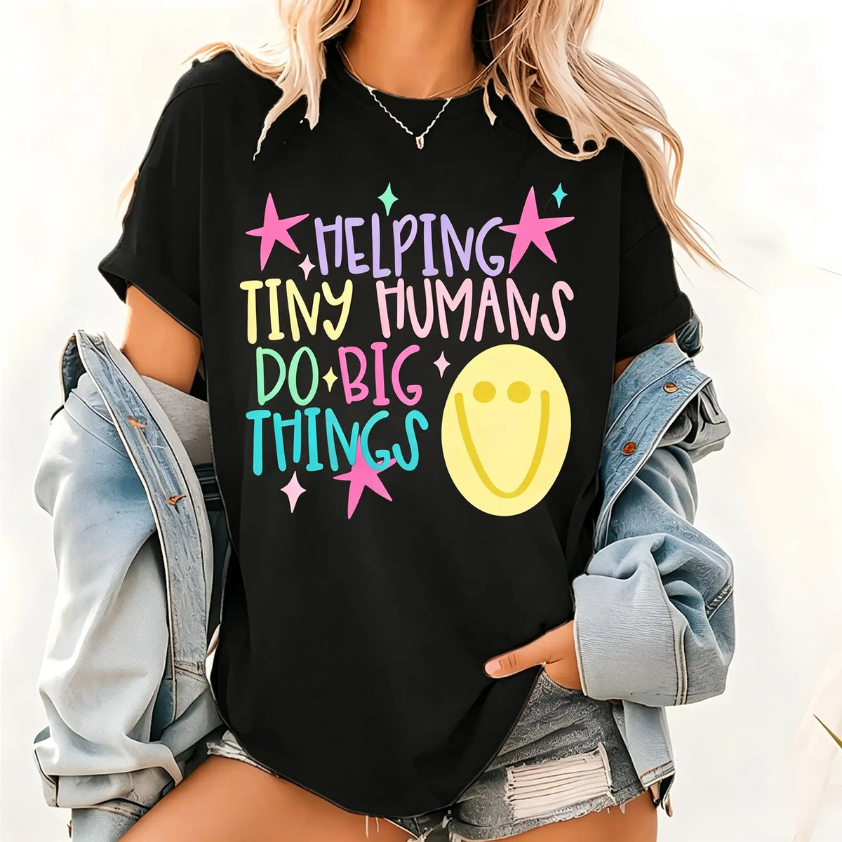 Women's Cotton Short-Sleeve Casual Fashion Top - "Helping Tiny Humans Do Big Things" Preppy Teacher Graphic Tee, Back to School Stars Shirt