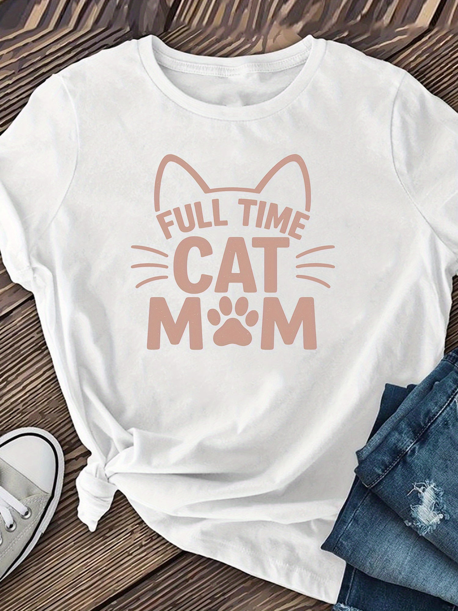 Women's Full Time Cat Mom Graphic T-Shirt, Cute Cat Lover Short Sleeve Crew Neck Casual Tee, Soft Comfortable Pet Lover Shirt, Everyday Summer Top, Gift for Cat Moms