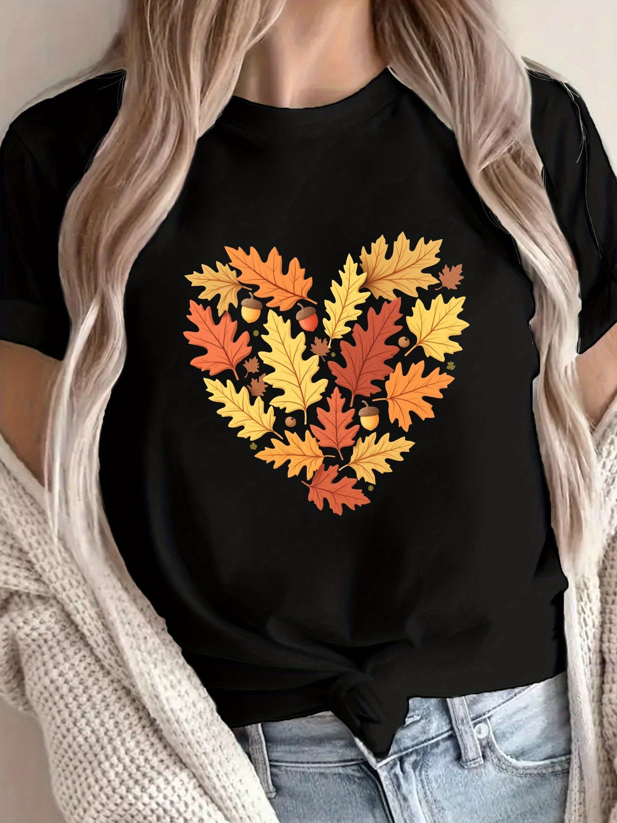 Acorn Autumn Heart Oak Leaves Print T-shirt, Short Sleeve Crew Neck Casual Top for Summer & Spring, Women's Clothing