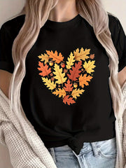Acorn Autumn Heart Oak Leaves Print T-shirt, Short Sleeve Crew Neck Casual Top for Summer & Spring, Women's Clothing