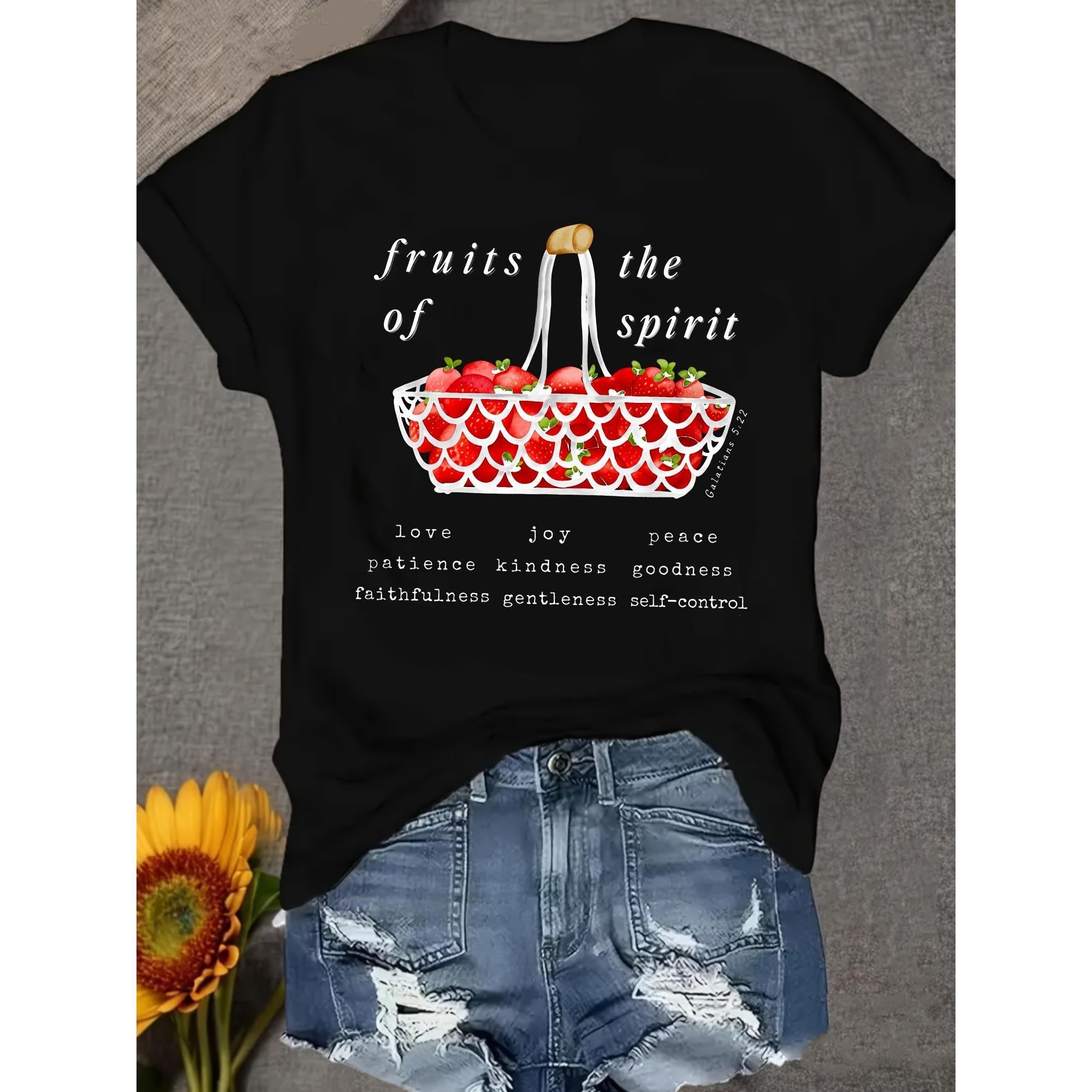 “Fruits of The Spirit” Galatians 5:22 Tee – Love Joy Peace Christian Shirt for Women, Soft Cotton Casual Crewneck