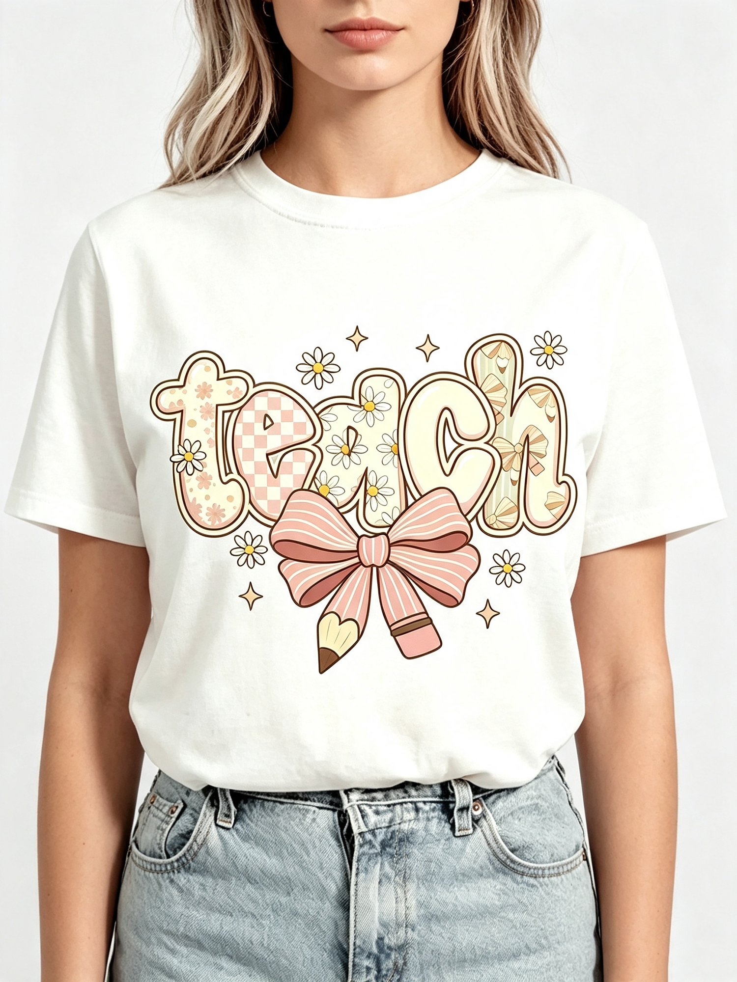 Retro Teach Graphic T‑Shirts for Women, Cute Bow Pencil Daisy Crewneck Tee, Casual Short Sleeve Teacher Appreciation Gift Top