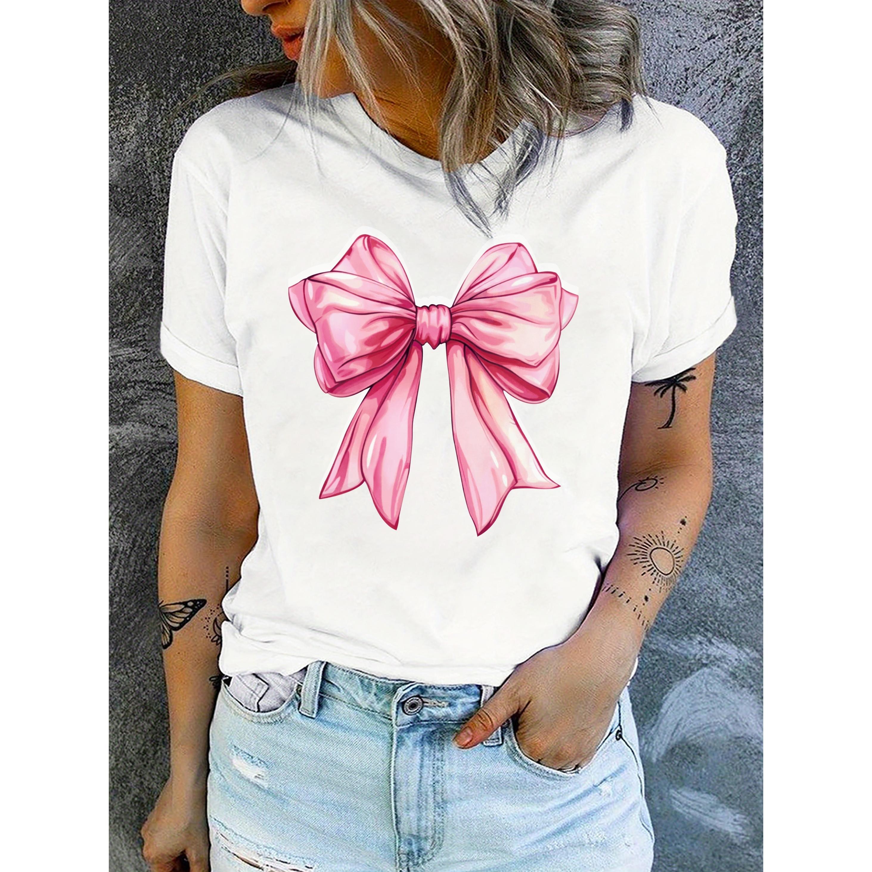 Women's Casual Short Sleeve T-Shirt with Elegant Pink Bow Graphic Print - Breathable Round Neck Top