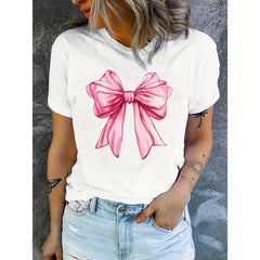 Women's Casual Short Sleeve T-Shirt with Elegant Pink Bow Graphic Print - Breathable Round Neck Top