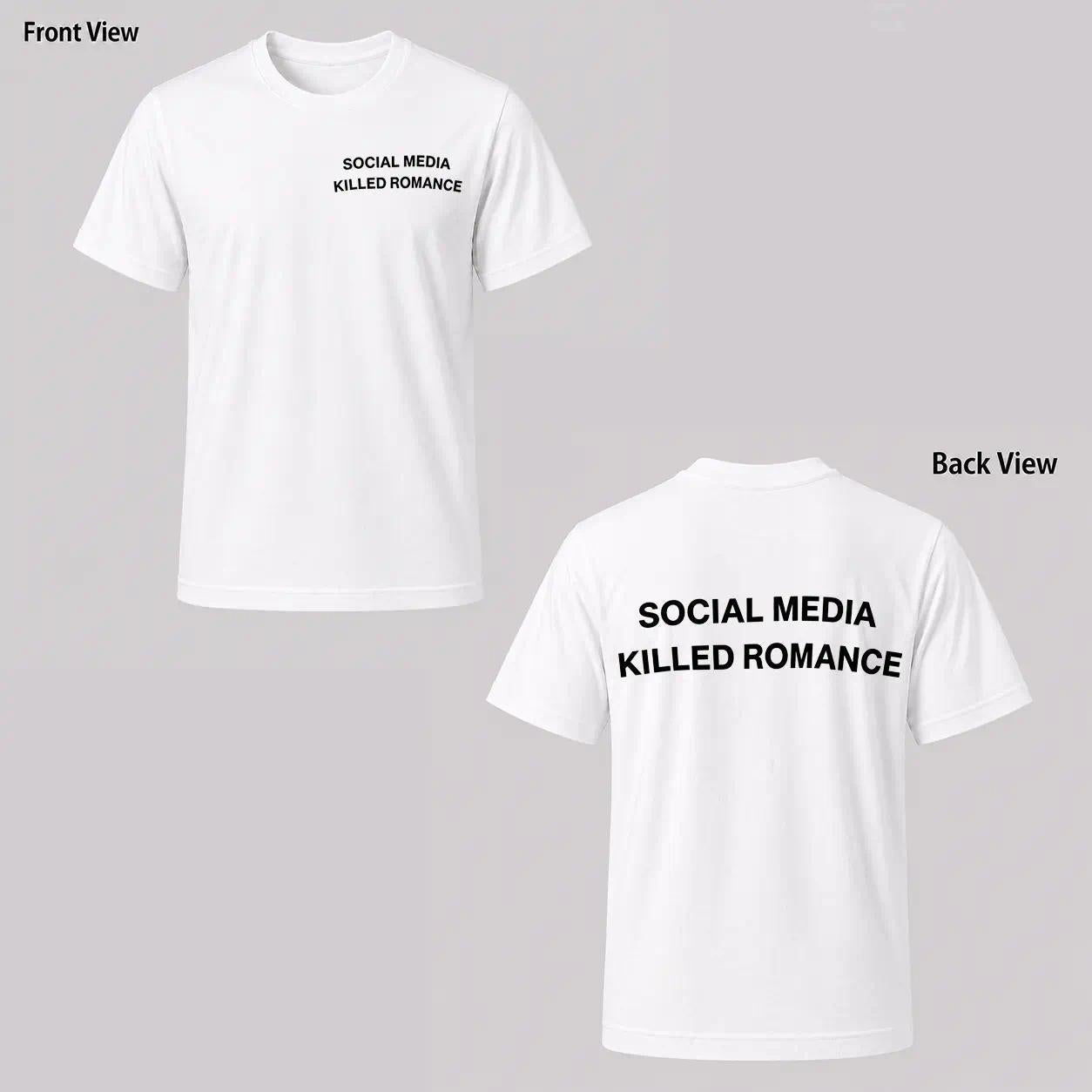 Men's black and white patterned T-shirt, 'Social Media Killed Romance', double-sided print men's fashion clothing