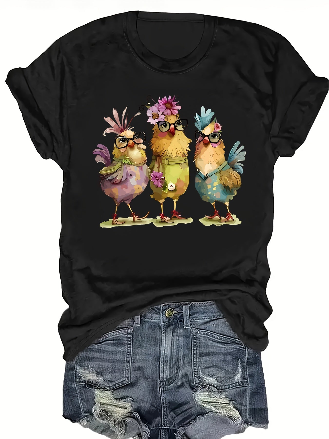 Funny Chicken T-Shirt Women Cute Hens With Glasses And Flowers Tee Fancy Farm Bird Lover Gift Top