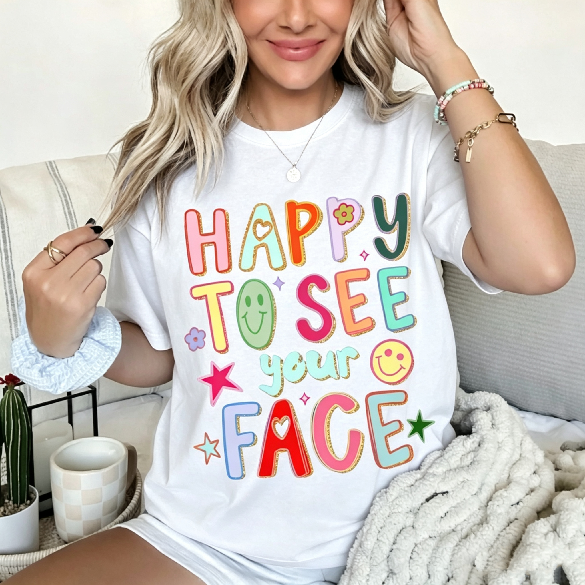 Women's Happy To See Your Face Colorful Doodle Graphic T‑Shirt 100%Cotton Hand Drawn Colorful Doodle Stars Messy Glitter Teacher T-shirt Appreciation Gift Tee