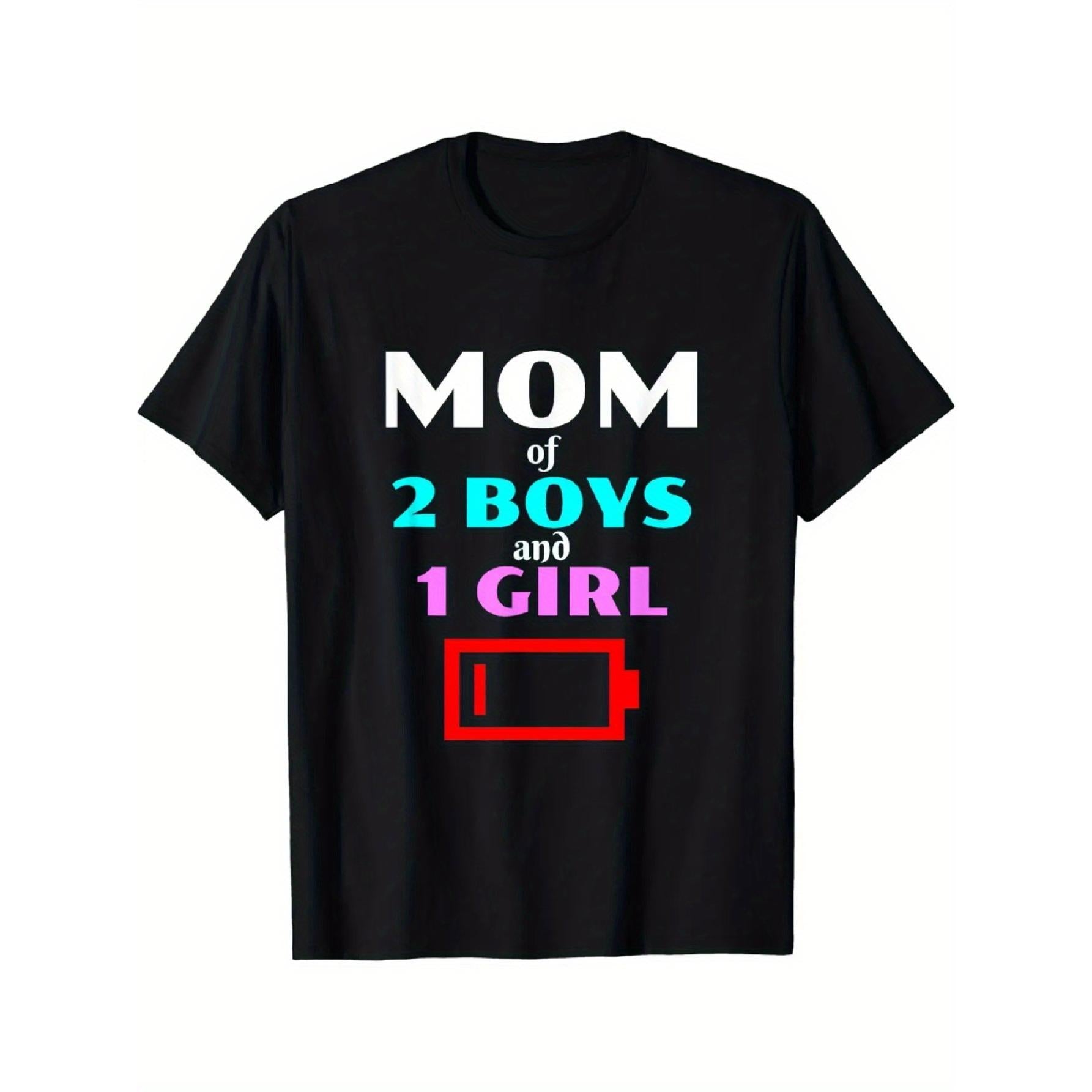 Tired Mom of 2 Boys Graphic T-Shirt, 100% Round Neck T-Shirt Short Sleeve, Women Men Family T-Shirt, Funny Gift T-Shirt, Regular Fit Comfortable Stretch Fabric All-Season Wear T-Shirts