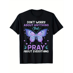 Don‘t Worry About Anything But Pray About Everything Philippians 4 6 Christian T-Shirt Faith Bible Verse Butterfly Heart Graphic Tee Unisex Summer Casual Top Soft Cotton Crew Neck Vintage Style