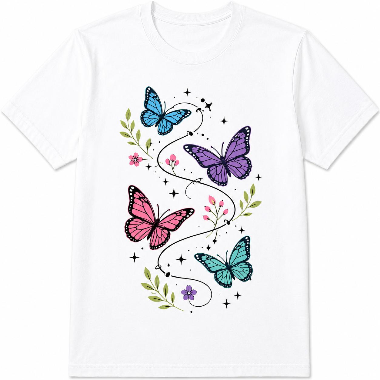 Butterfly Floral Botanical Nature Print T-Shirt Vintage Aesthetic Summer Casual Top Trendy Streetwear Gift for Women Men Unisex Soft Cotton Crew Neck Relaxed Fit Nature Lover Apparel