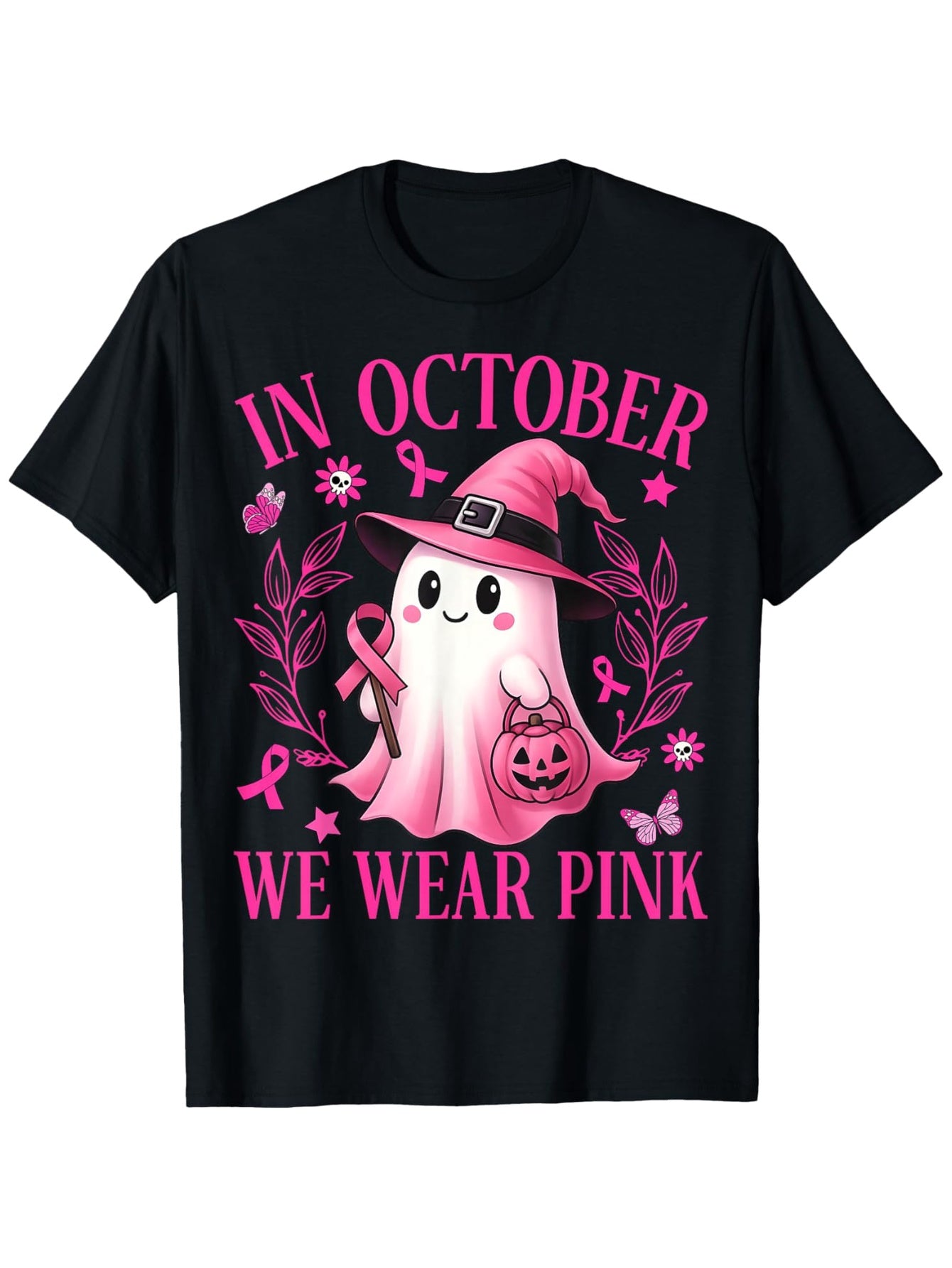 In October We Wear Pink T-Shirt Breast Cancer Awareness Ghost Halloween Tee