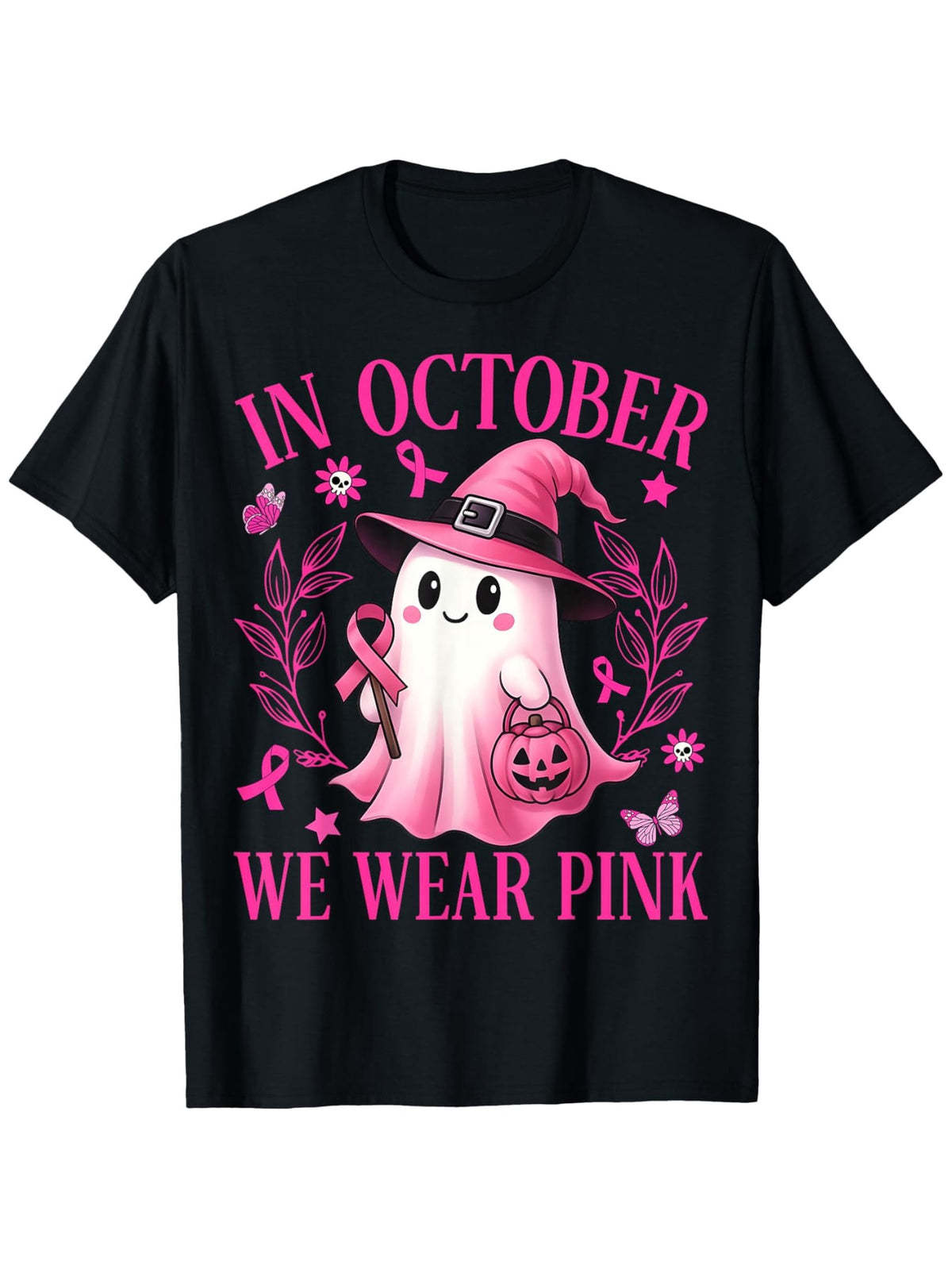 In October We Wear Pink T-Shirt Breast Cancer Awareness Ghost Halloween Tee