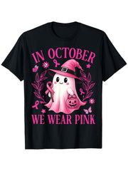 In October We Wear Pink T-Shirt Breast Cancer Awareness Ghost Halloween Tee