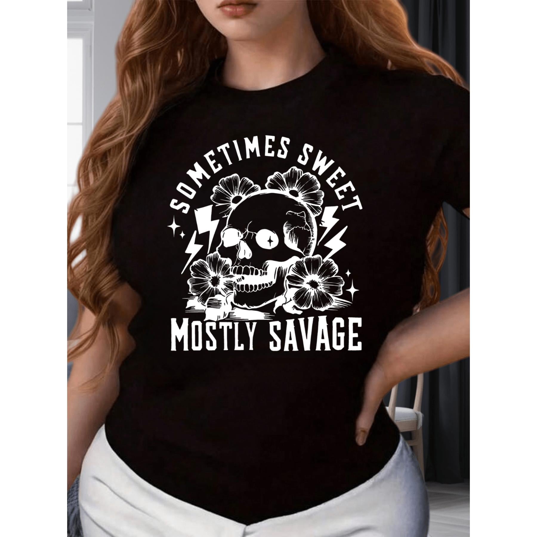 Skull With Flowers And Lightning Women's Printed T-ShirtFestival Party Gifts