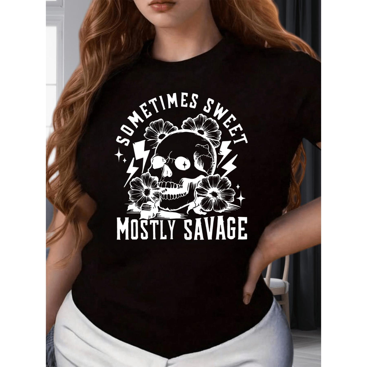 Skull With Flowers And Lightning Women's Printed T-ShirtFestival Party Gifts