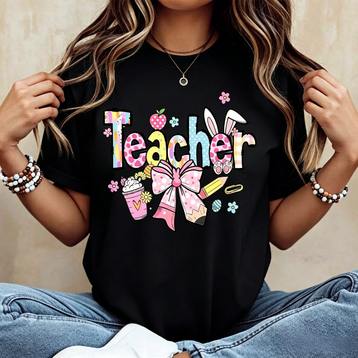 Teacher Print And Floral Design With Bow And Accessories White Short Sleeve T Shirt For Women Casual Wear School Teaching Outfit Women Back To Sc