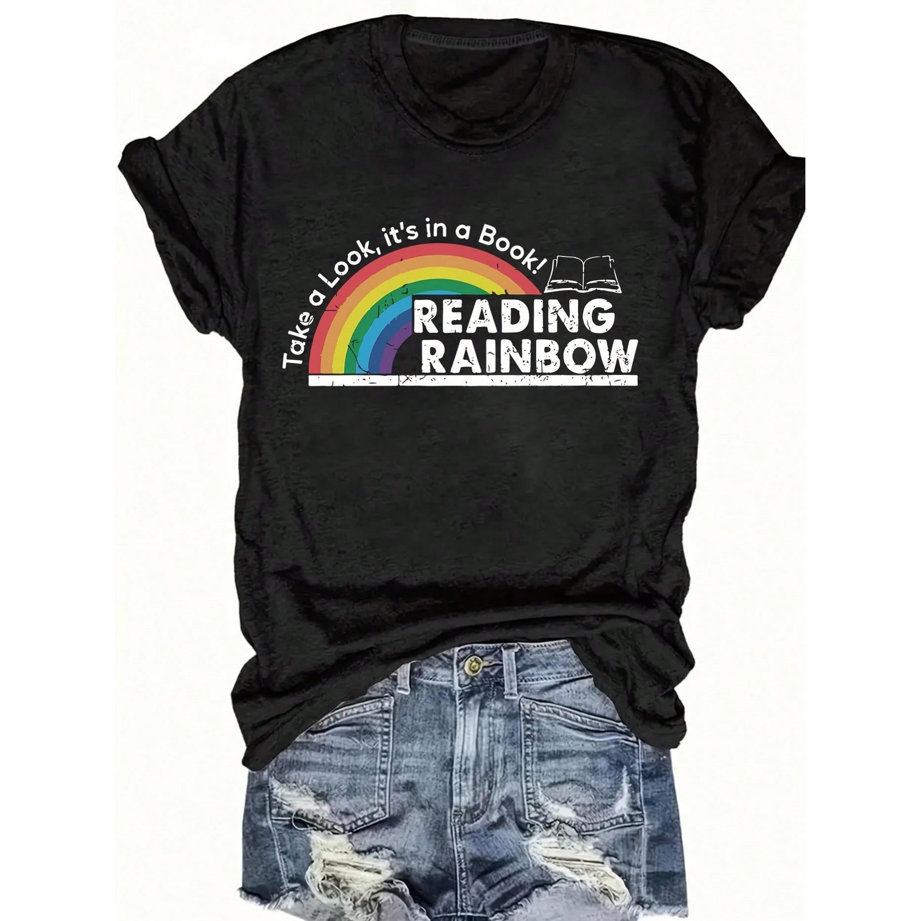 Women's Reading Rainbow Graphic Tee With Book Design Tee, Soft, Heavyweight, Fitted Fit, Print, Graphic, Design, Book, Rainbow Print, For Casual