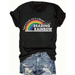 Women's Reading Rainbow Graphic Tee With Book Design Tee, Soft, Heavyweight, Fitted Fit, Print, Graphic, Design, Book, Rainbow Print, For Casual