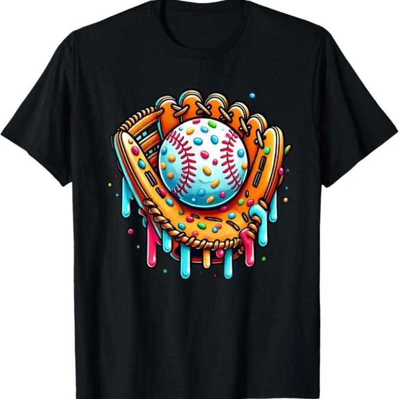 Men's Cotton Vintage Round Neck Short-Sleeve Print T-Shirt - Festive Ice Cream Drip Graphic, Distressed Baseball Streetwear Casual Sports Top, Tshirt