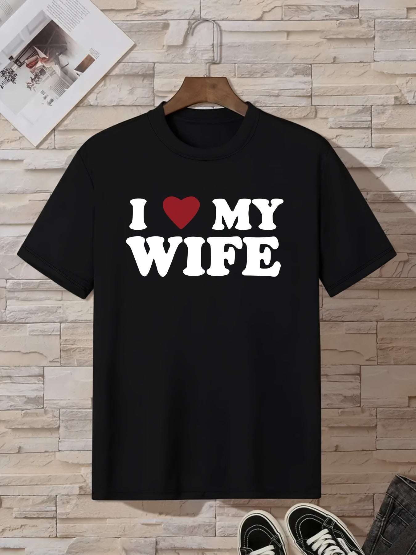 Men's Stylish " I Love My Wife" Creative Print T-Shirt, Crew Neck Short Sleeve, Casual Tee, Versatile Top For Spring And Summer