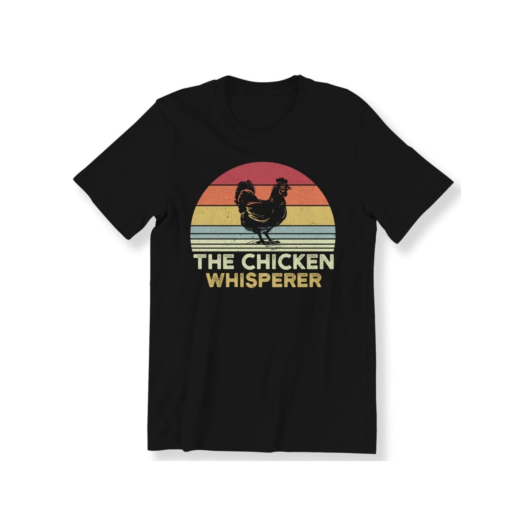 Summer Round Neck Short Sleeved Top Black, Vibrant Sunset Rooster Print, Casual and Versatile