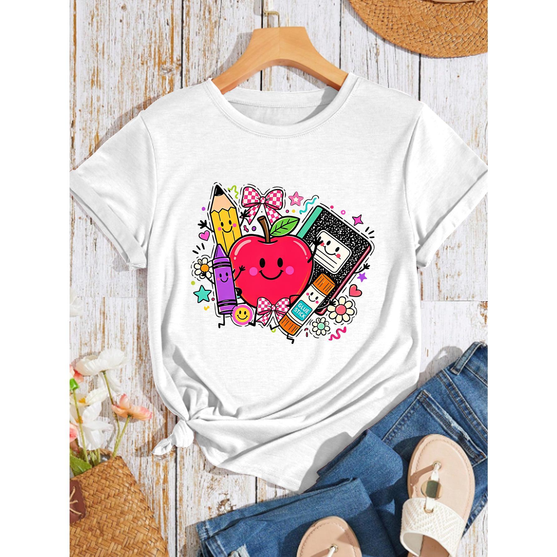 Back-To- Cartoon Apple Pencil Crayon Notebook Bow Cute Campus Stationery Printed Top Round Neck Casual Fashion Retro Style, Women'S Spring Summer Soft Top Smooth Drape Round Neck Short Sleeve T-Shirt Coastal Style Dating