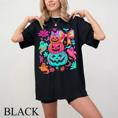 Preppy Neon Halloween Pumpkin Ghost Shirt, CoquetteHalloween Bow Tee, Fall Bat Ghost Shirt, Girly SpookyPumpkin, Cute Halloween