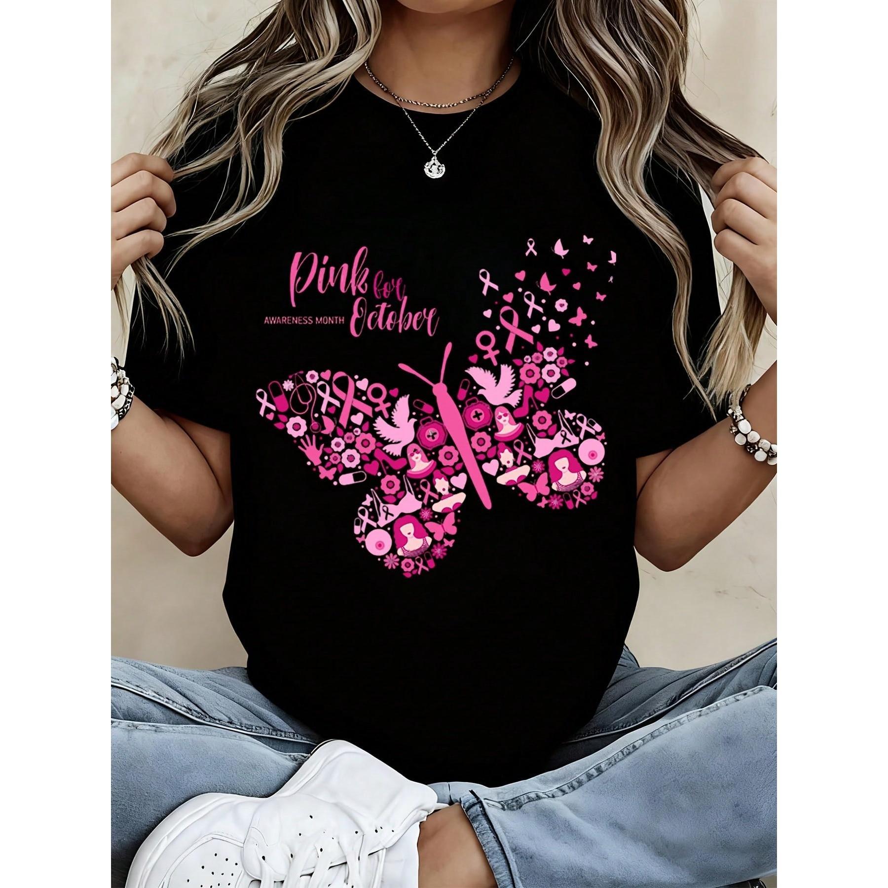 Women Black T Shirt Pink For October Breast Cancer Awareness Butterfly Graphic Tee Casual Daily Wear