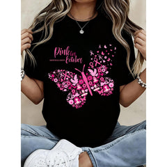 Women Black T Shirt Pink For October Breast Cancer Awareness Butterfly Graphic Tee Casual Daily Wear