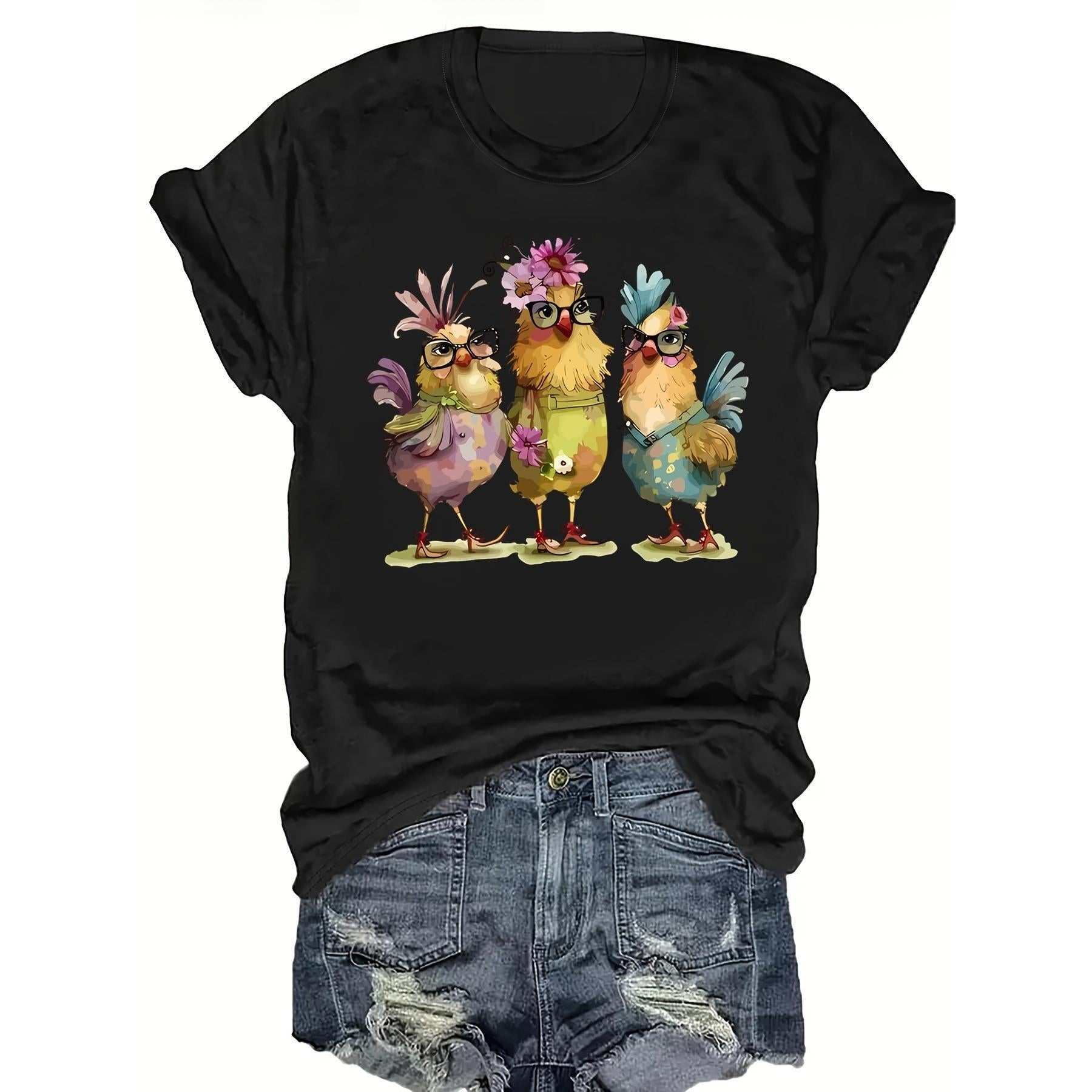 Plus Size Funny Chicken Print T-shirt, Casual Short Sleeve Crew Neck Top For Spring & Summer, Women's Plus Size Clothing