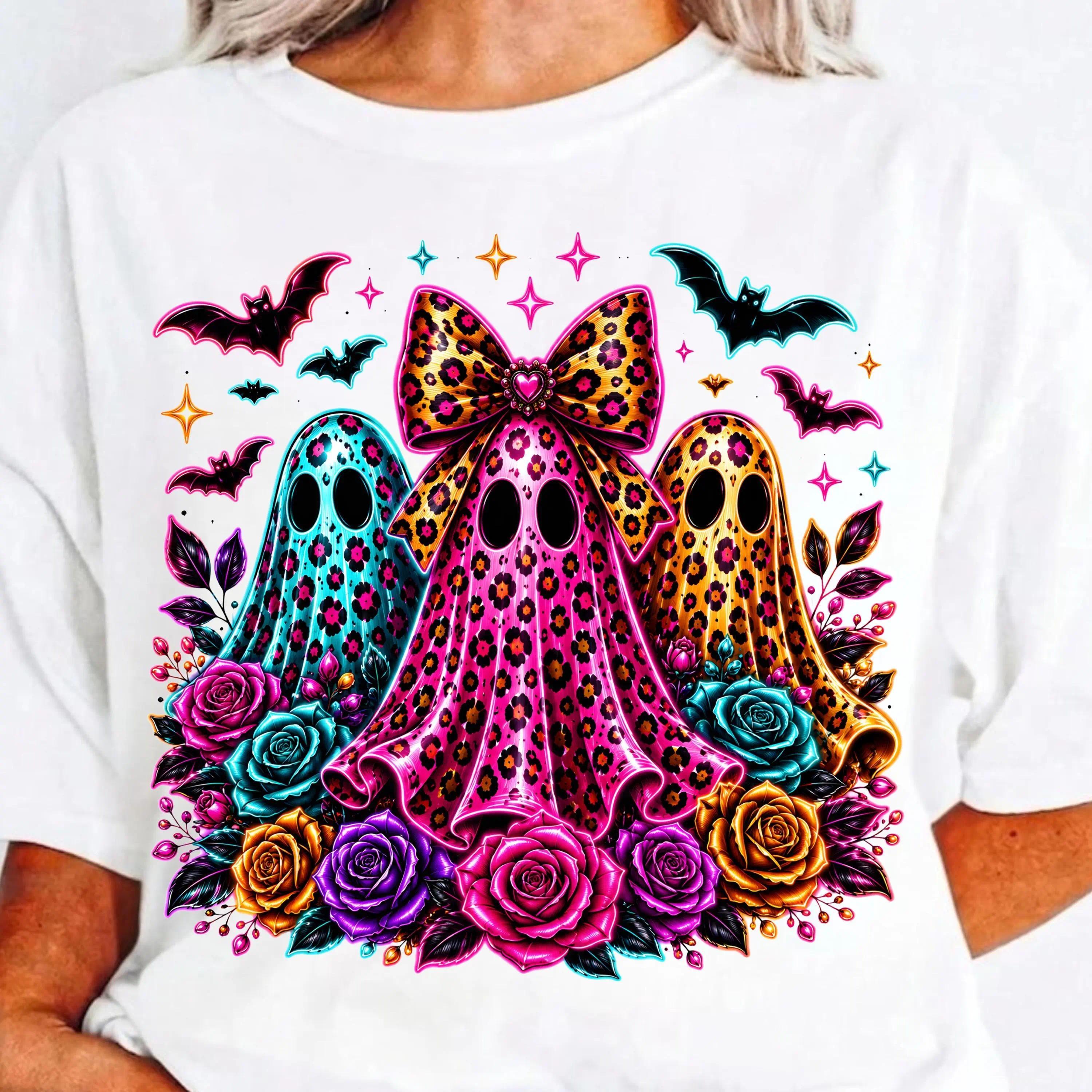Leopard Ghost Halloween Shirt, Colorful Floral Ghost Graphic Tee, Cute Spooky Fall T-Shirt for Women