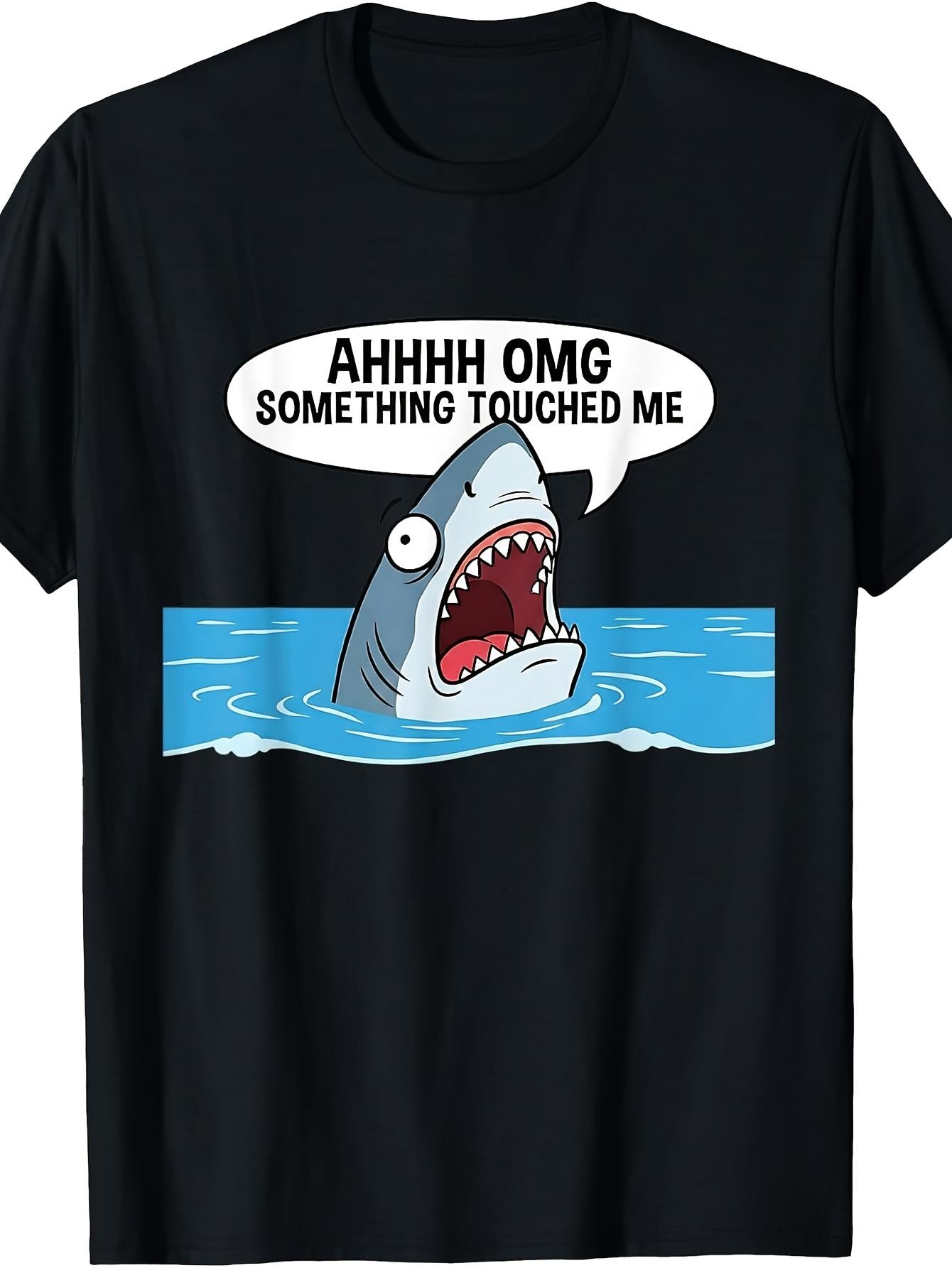 Ahhhh Omg Something Touched Me Funny Shark Meme Graphic Tee for Men Women, Hilarious Ocean Humor Short Sleeve T-Shirt, Casual Crew Neck Top for Shark Lover Gift
