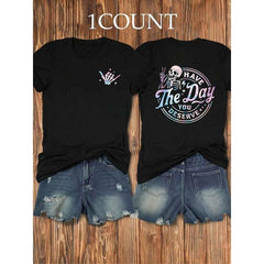 Skeleton Letter Print Round Neck Casual Short Sleeve Graphic Unisex Shirt