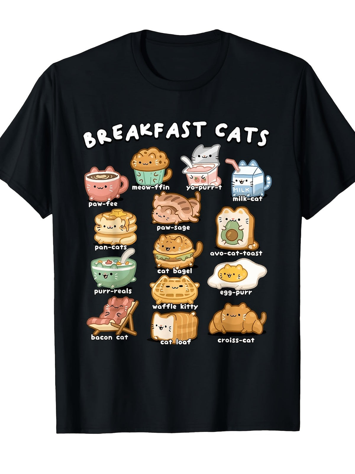 Breakfast Cats Funny Pun Kawaii Cat Food Lover Graphic Tee for Men Women, Cute Meow Ffin Cat Pancake Short Sleeve T-Shirt, Casual Crew Neck Top for Cat Lover Gift