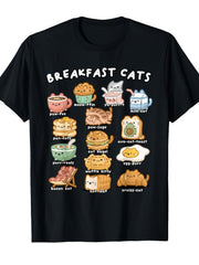 Breakfast Cats Funny Pun Kawaii Cat Food Lover Graphic Tee for Men Women, Cute Meow Ffin Cat Pancake Short Sleeve T-Shirt, Casual Crew Neck Top for Cat Lover Gift