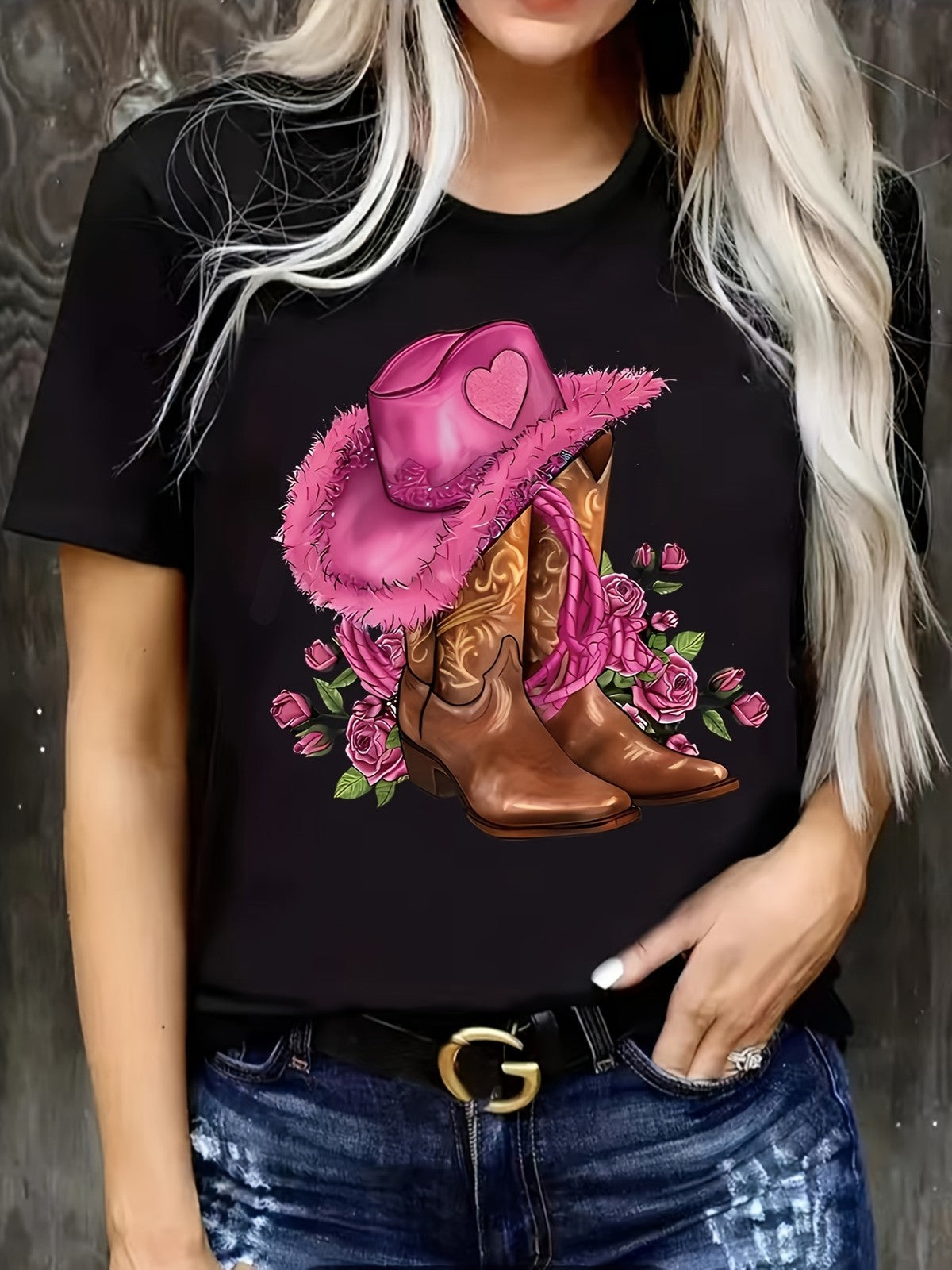 Wild Rose Cowgirl Western Boots Pink Hat Floral Rodeo Ranch Vintage Unisex Tee