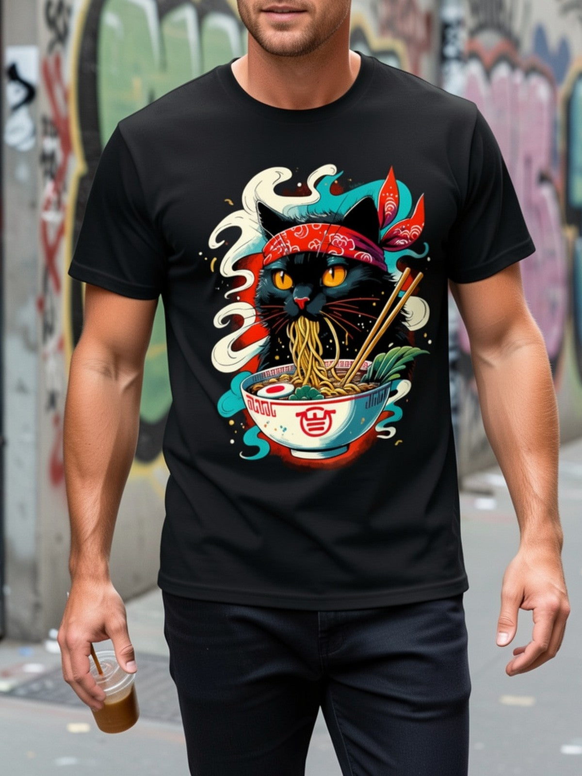 Cat Ramen Japanese Animation Cute Crew Neck Letter Print Soft Touch Unisex Tee