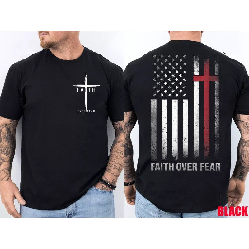 Faith Over Fear Cross Christian USA Flag American Jesus Double-Sided T-Shirt