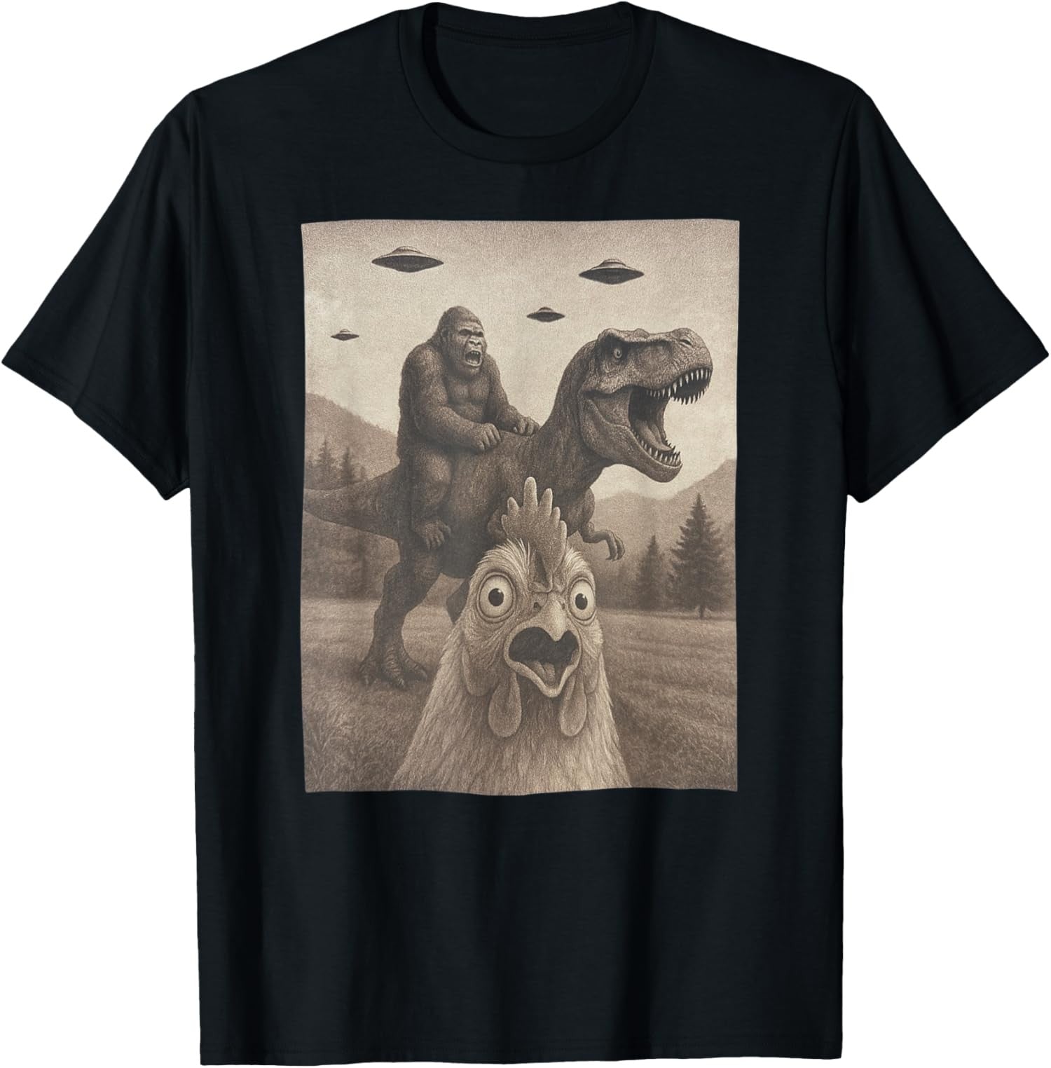 Funny Bigfoot Riding Dinosaur UFO T-Shirt - Retro Weird Chicken Selfie Tee