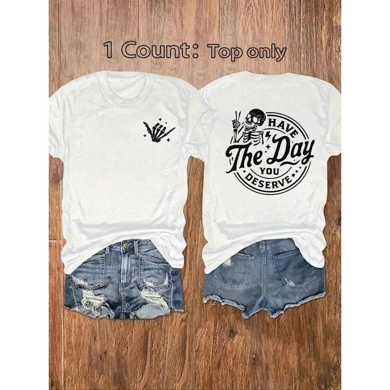 Skeleton Letter Print Round Neck Casual Short Sleeve Graphic Unisex Shirt
