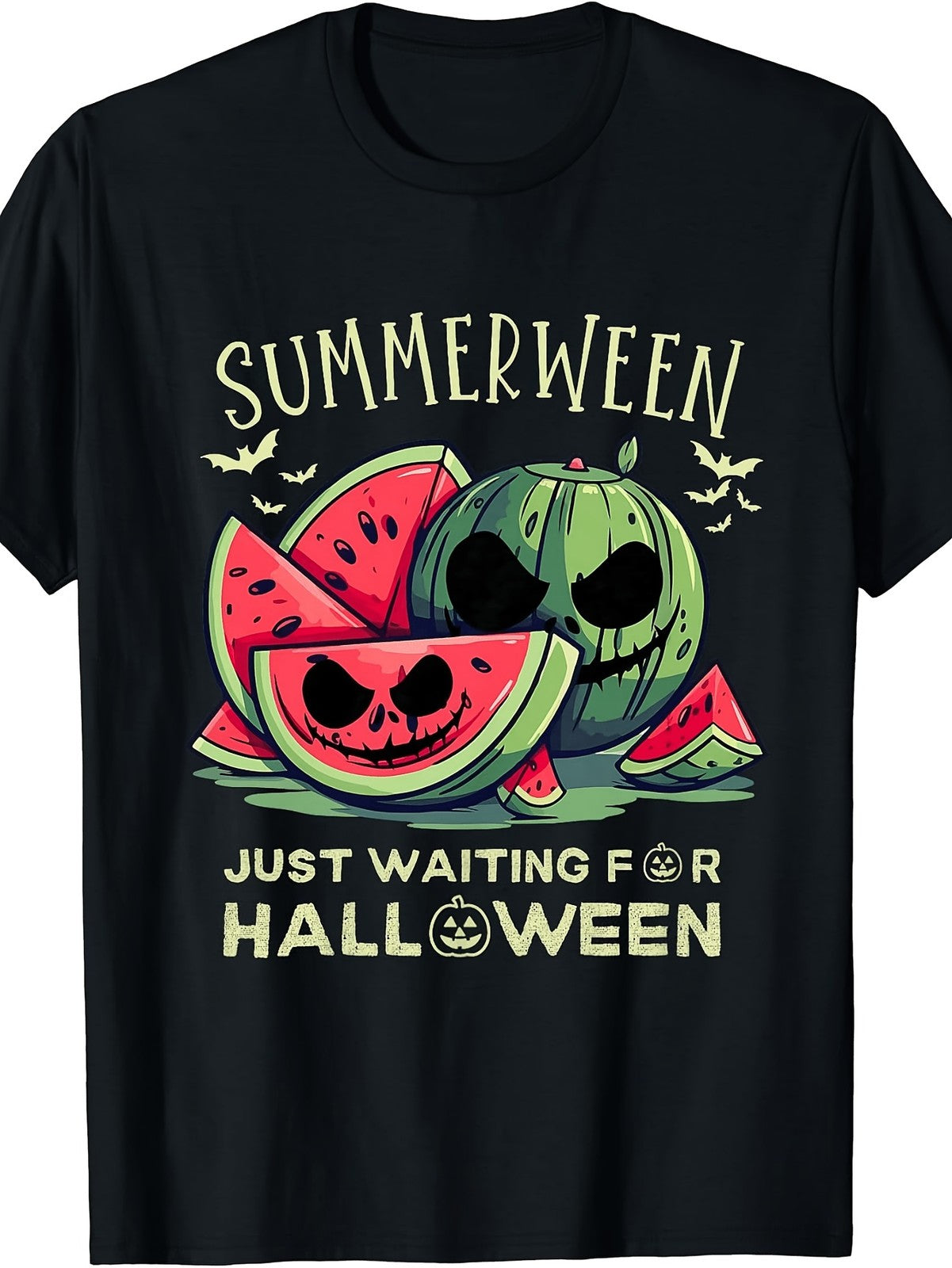 Retro Summerween Watermelon Bat Halloween Summer Party Casual Gift Unisex Tee
